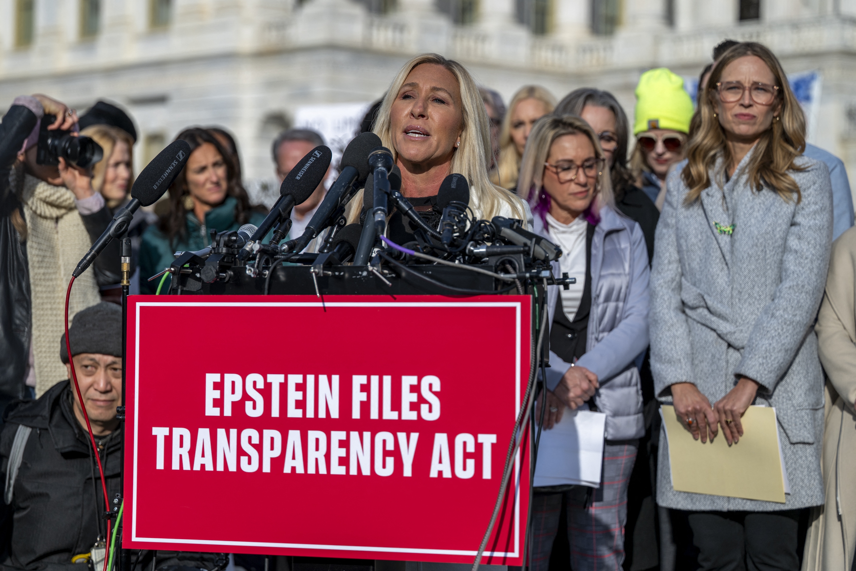 Rep. Marjorie Taylor Greene, R-Ga., speaks during a press conference on the "Epstein Files Transparency Act" at the US Capitol in Washington, DC on November 18, 2025.